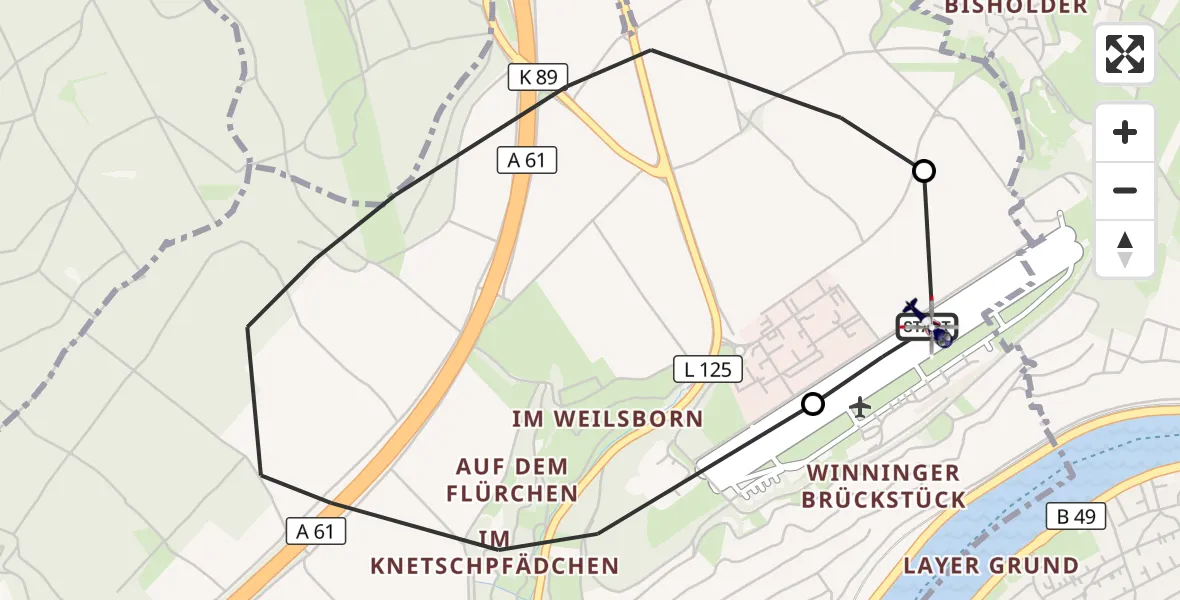 Flugroute Polizeihubschrauber Koblenz-Winningen Flugplatz - Koblenz-Winningen Flugplatz, 29 September 2026, 09:47