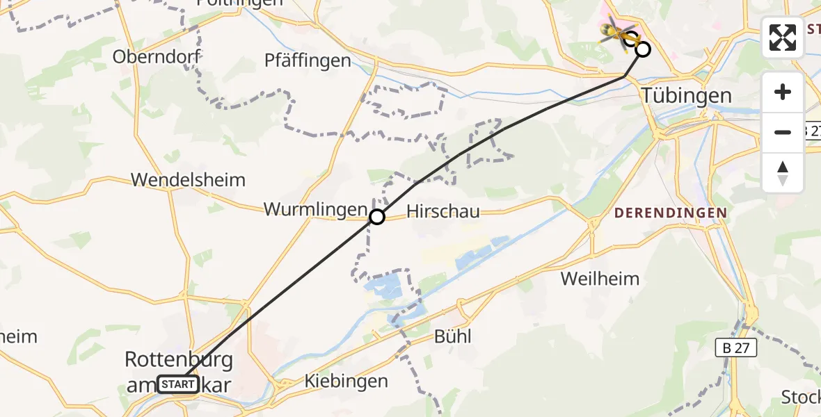 Flugroute Rettungshubschrauber Rottenburg am Neckar - Tübingen University Hospital, 29 September 2026, 09:48