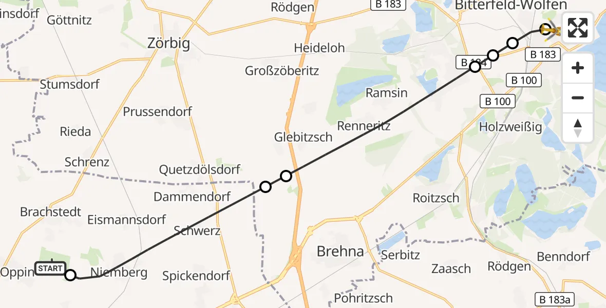 Flugroute Rettungshubschrauber Halle-Oppin Flugplatz - Bitterfield-Wolfen Health Center Hubschrauberlandeplatz, 29 September 2026, 09:53