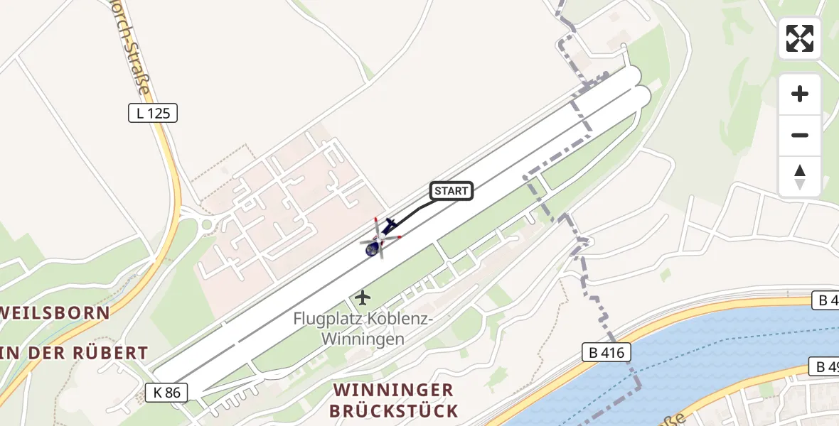 Flugroute Polizeihubschrauber Koblenz-Winningen Flugplatz - Koblenz-Winningen Flugplatz, 29 September 2026, 09:55