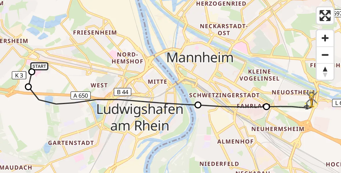 Flugroute Ambulanzhubschrauber Ludwigshafen Accident Hospital - Mannheim-City Flughafen, 29 September 2026, 09:57