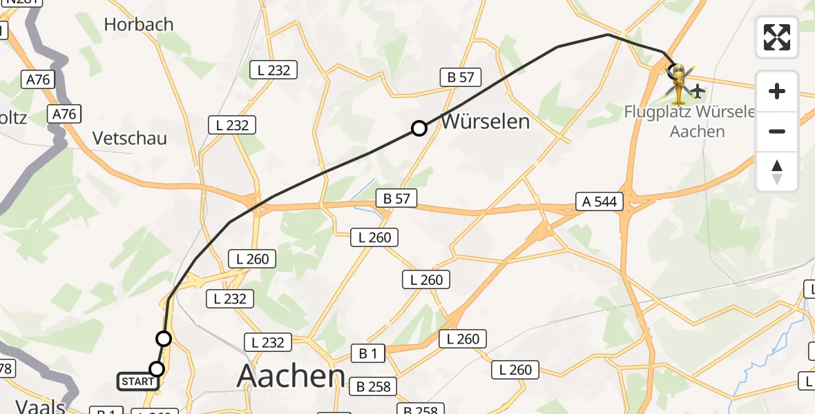 Flugroute Rettungshubschrauber Aachen Hospital - Aachen-Merzbrück Flughafen, 29 September 2026, 10:29