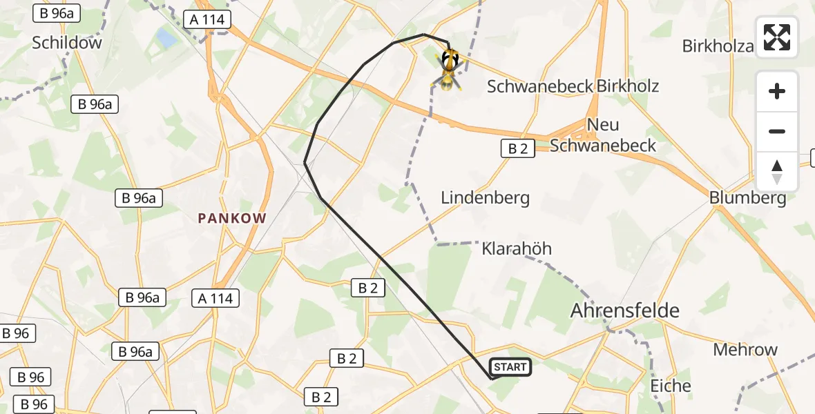 Flugroute Rettungshubschrauber Berlin - Helios Clinic Berlin-Buch, 29 September 2026, 10:39