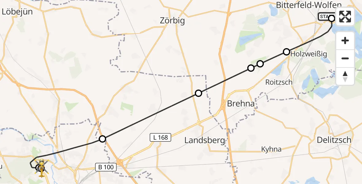 Flugroute Rettungshubschrauber Bitterfield-Wolfen Health Center Hubschrauberlandeplatz - Halle (Saale) University Hospital, 29 September 2026, 10:40