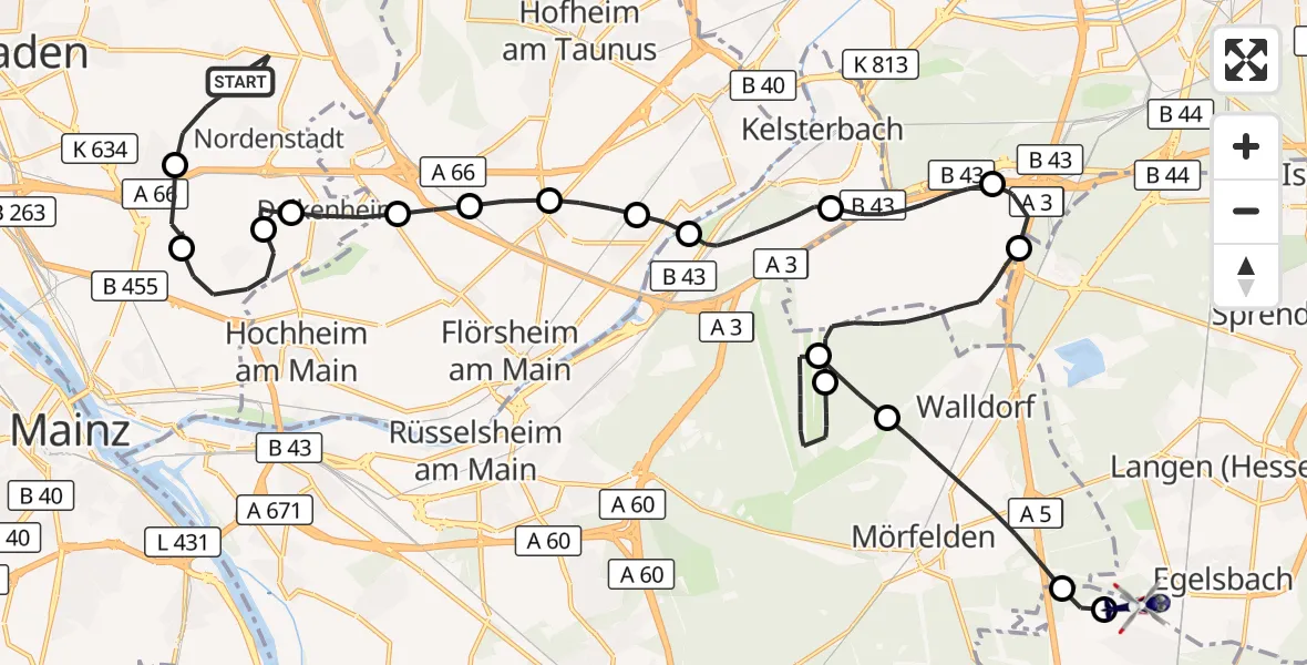 Flugroute Polizeihubschrauber Wiesbaden - Flughafen Frankfurt-Egelsbach, 29 September 2026, 10:40