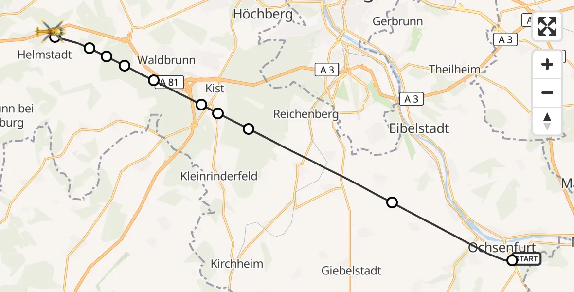Flugroute Rettungshubschrauber Ochsenfurt Hospital - Helmstadt, 29 September 2026, 10:44