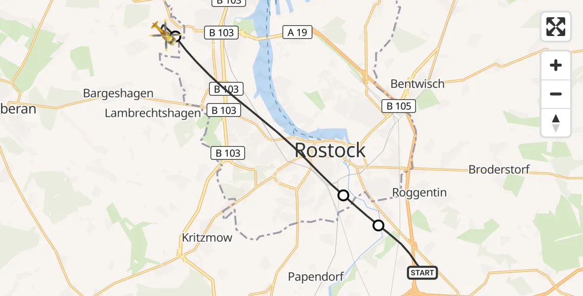 Flugroute Ambulanzhubschrauber Dummerstorf - Elmenhorst/Lichtenhagen, 29 September 2026, 10:45