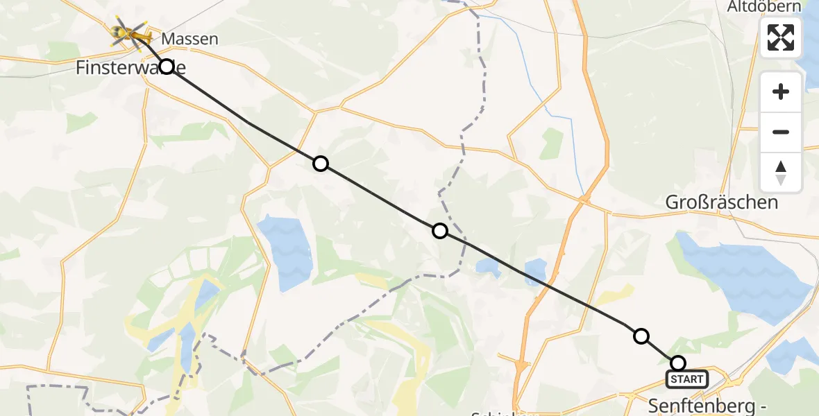 Flugroute Ambulanzhubschrauber ADAC Luftrettungsstation Senftenberg Hubschrauberlandeplatz - Finsterwalde, 29 September 2026, 11:06
