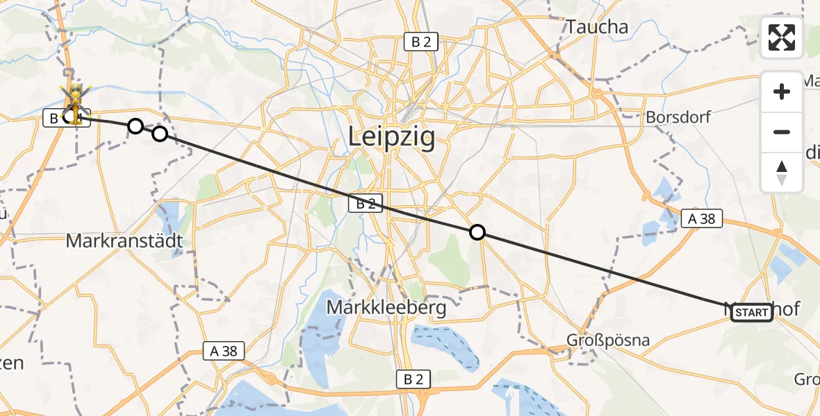 Flugroute Rettungshubschrauber Naunhof - ADAC Air Rescue Station Leipzig/Schkeuditz-Dölzig Hubschrauberlandeplatz (Christoph 61), 29 September 2026, 11:13