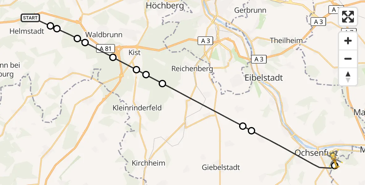 Flugroute Rettungshubschrauber Helmstadt - Ochsenfurt Hospital, 29 September 2026, 11:16