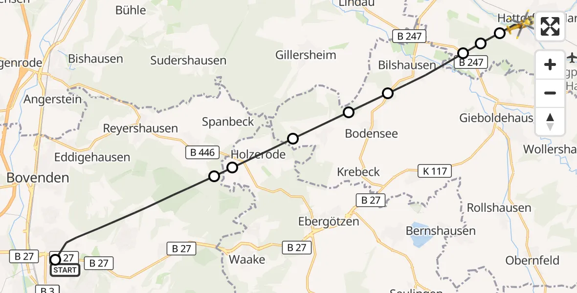 Flugroute Rettungshubschrauber Göttingen University Clinic Hubschrauberlandeplatz - Hattorf am Harz, 29 September 2026, 11:27