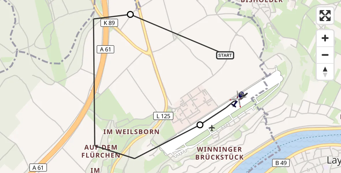 Flugroute Polizeihubschrauber Koblenz-Winningen Flugplatz - Koblenz-Winningen Flugplatz, 29 September 2026, 11:34