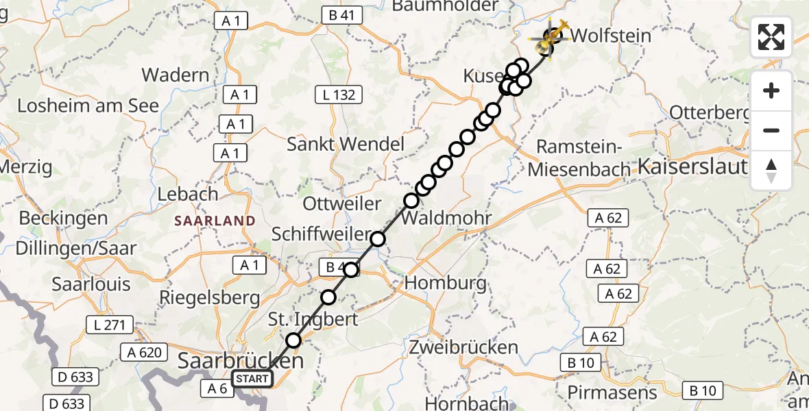 Flugroute Rettungshubschrauber Saarbrücken - Welchweiler, 29 September 2026, 11:37