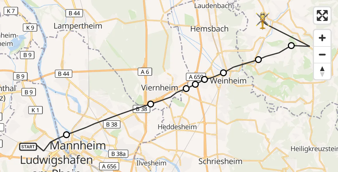 Flugroute Rettungshubschrauber Ludwigshafen am Rhein - Mörlenbach, 29 September 2026, 11:39
