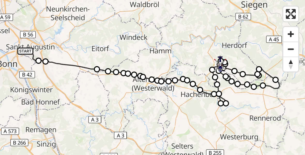 Flugroute Polizeihubschrauber Sankt Augustin - Elkenroth, 29 September 2026, 11:43