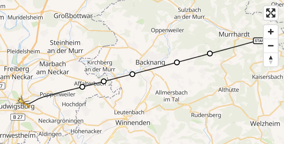 Flugroute Rettungshubschrauber Murrhardt - Ludwigsburg, 29 September 2026, 11:45