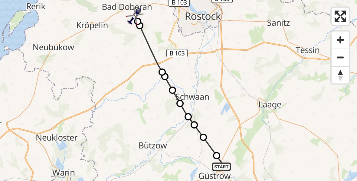 Flugroute Polizeihubschrauber Güstrow - Bad Doberan, 29 September 2026, 11:47