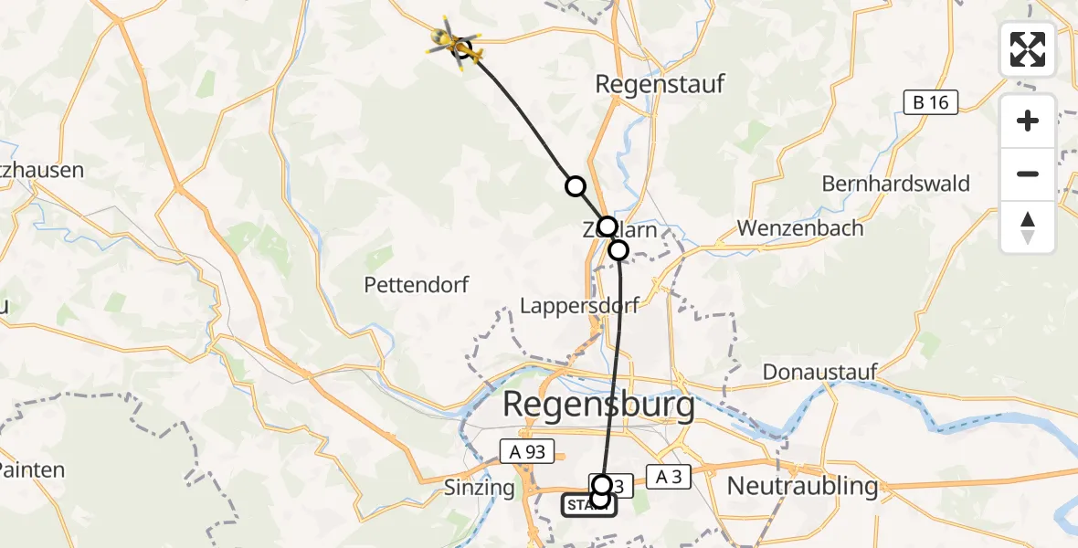 Flugroute Rettungshubschrauber DRF Air Rescue Station Regensburg / Regensburg University Hospital - Holzheim a.Forst, 29 September 2026, 11:53