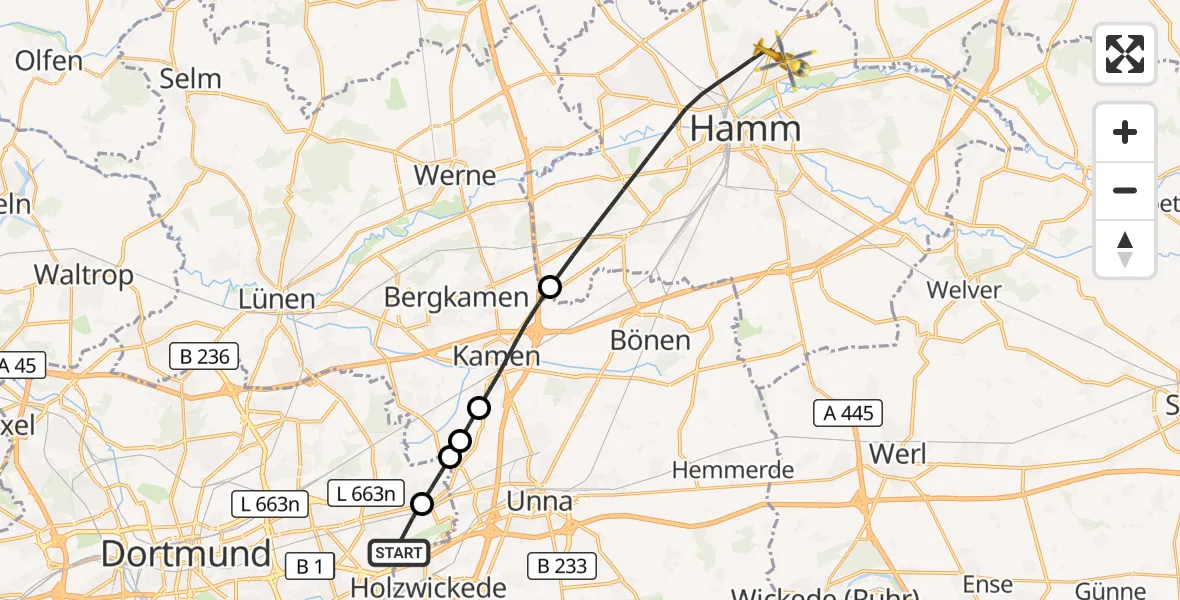 Flugroute Rettungshubschrauber Dortmund Flughafen - Hamm, 29 September 2026, 11:55