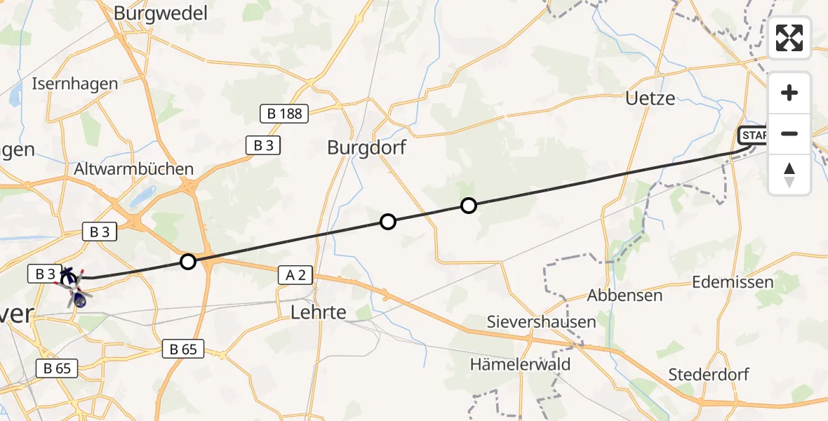 Flugroute Polizeihubschrauber Uetze - Hannover Luftrettung Hubschrauberlandeplatz (Christoph 4), 29 September 2026, 12:00