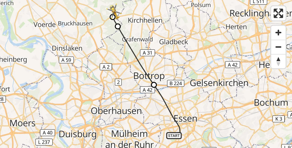 Flugroute Ambulanzhubschrauber Essen - Hünxe, 29 September 2026, 12:01