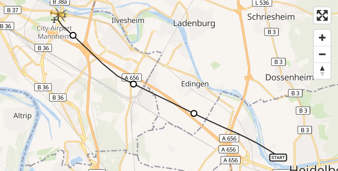 Flugroute Rettungshubschrauber Heidelberg - Mannheim-City Flughafen, 29 September 2026, 12:08