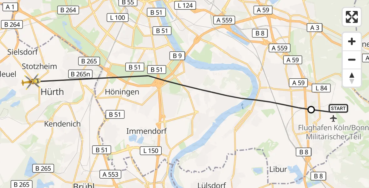 Flugroute Rettungshubschrauber Köln Bonn Flughafen - Hürth, 29 September 2026, 12:12