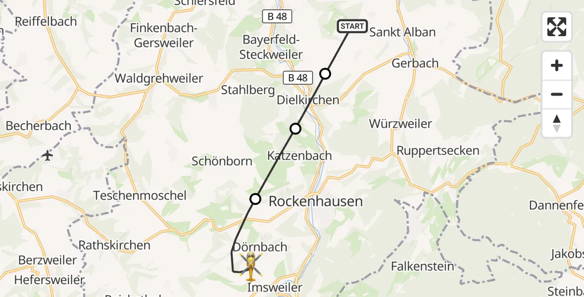 Flugroute Rettungshubschrauber Bayerfeld-Steckweiler - Rockenhausen, 29 September 2026, 12:20