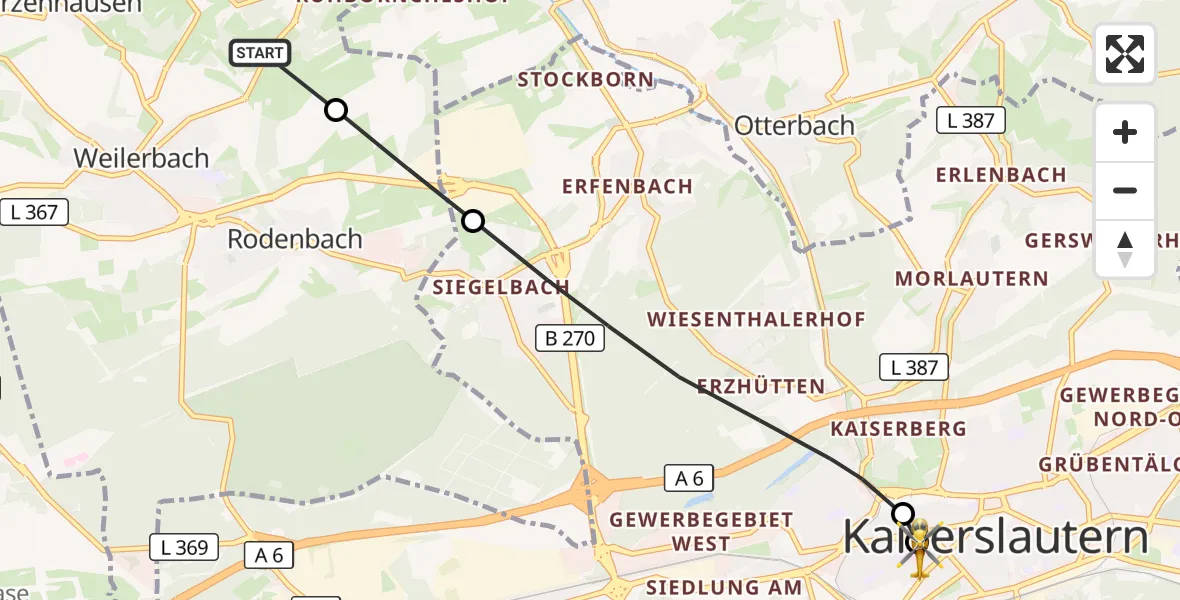 Flugroute Rettungshubschrauber Eulenbis - Westpfalz Hospital Kaiserslautern, 29 September 2026, 12:20