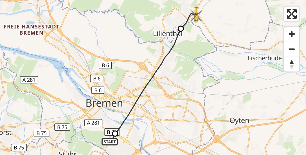 Flugroute Rettungshubschrauber ADAC Air Rescue Station Bremen Hubschrauberlandeplatz (Christoph 6) - Lilienthal, 29 September 2026, 12:23