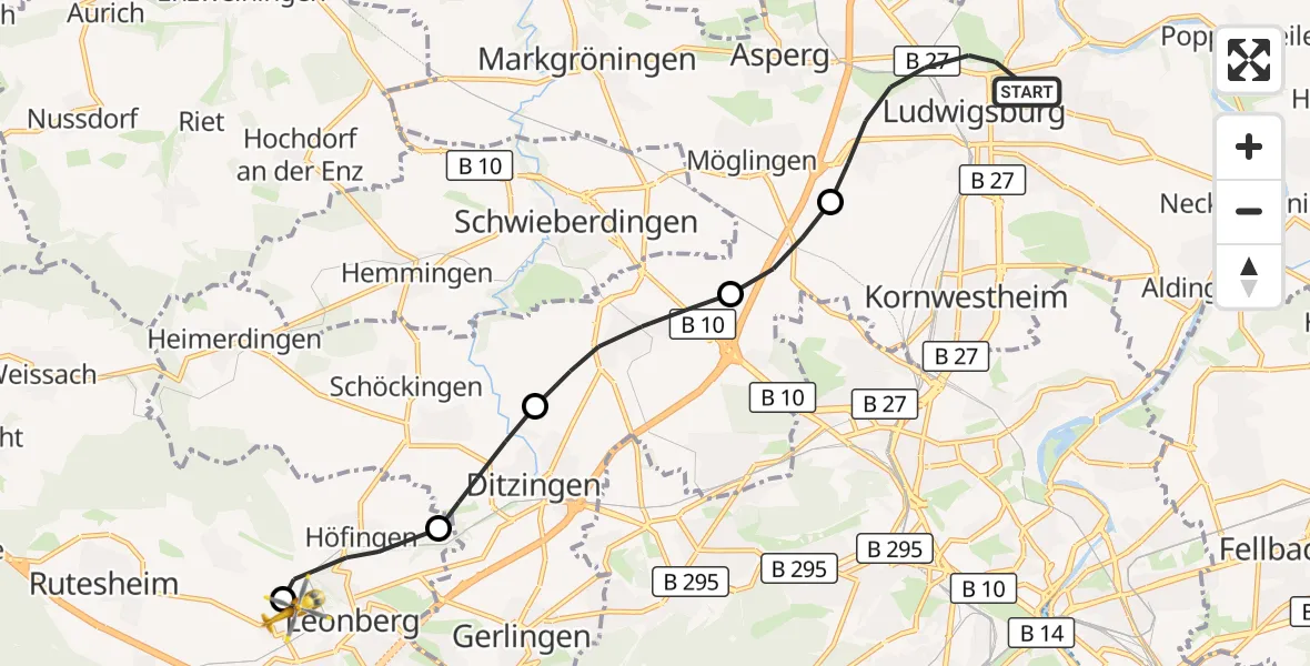 Flugroute Rettungshubschrauber Ludwigsburg - Leonberg Hospital, 29 September 2026, 12:23