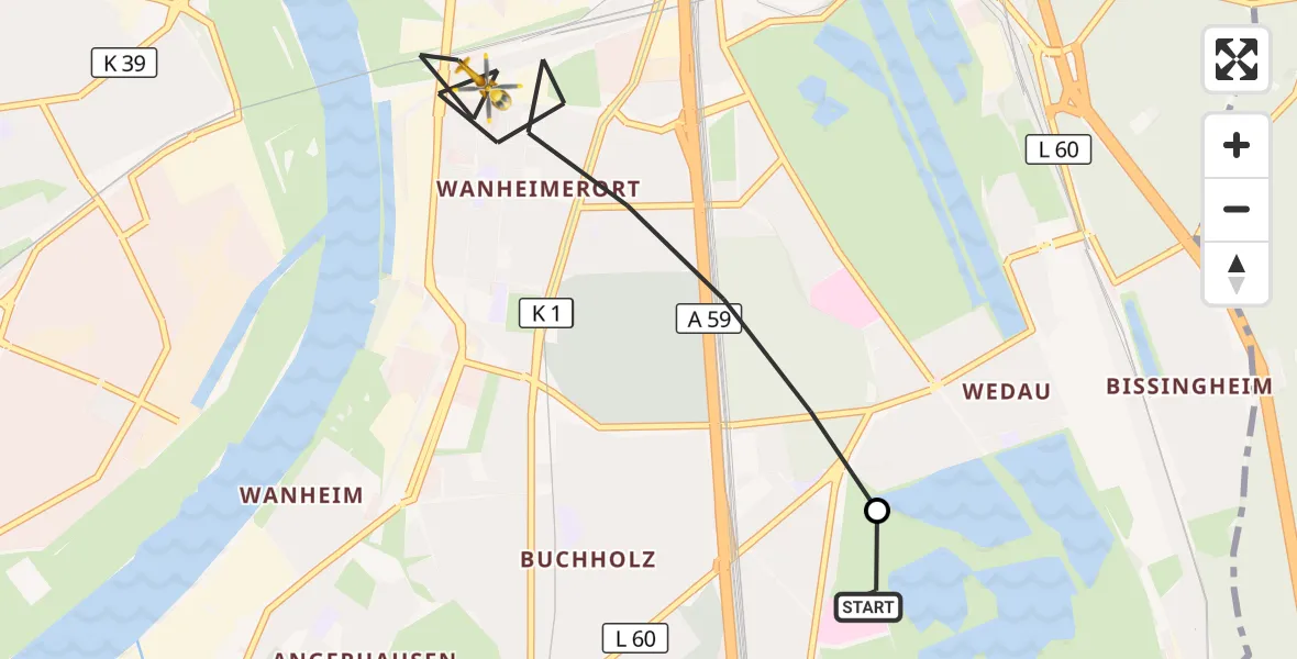Flugroute Rettungshubschrauber Duisburg Air Rescue Hubschrauberlandeplatz (Christoph 9) - Duisburg, 29 September 2026, 12:30