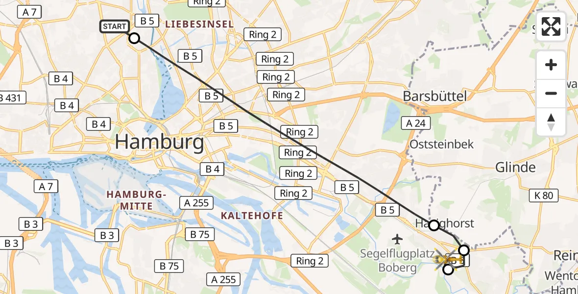Flugroute Rettungshubschrauber Universitätsklinikum Hamburg-Eppendorf Hubschrauberlandeplatz - Christoph Hansa ADAC Hubschrauberlandeplatz, 29 September 2026, 12:33