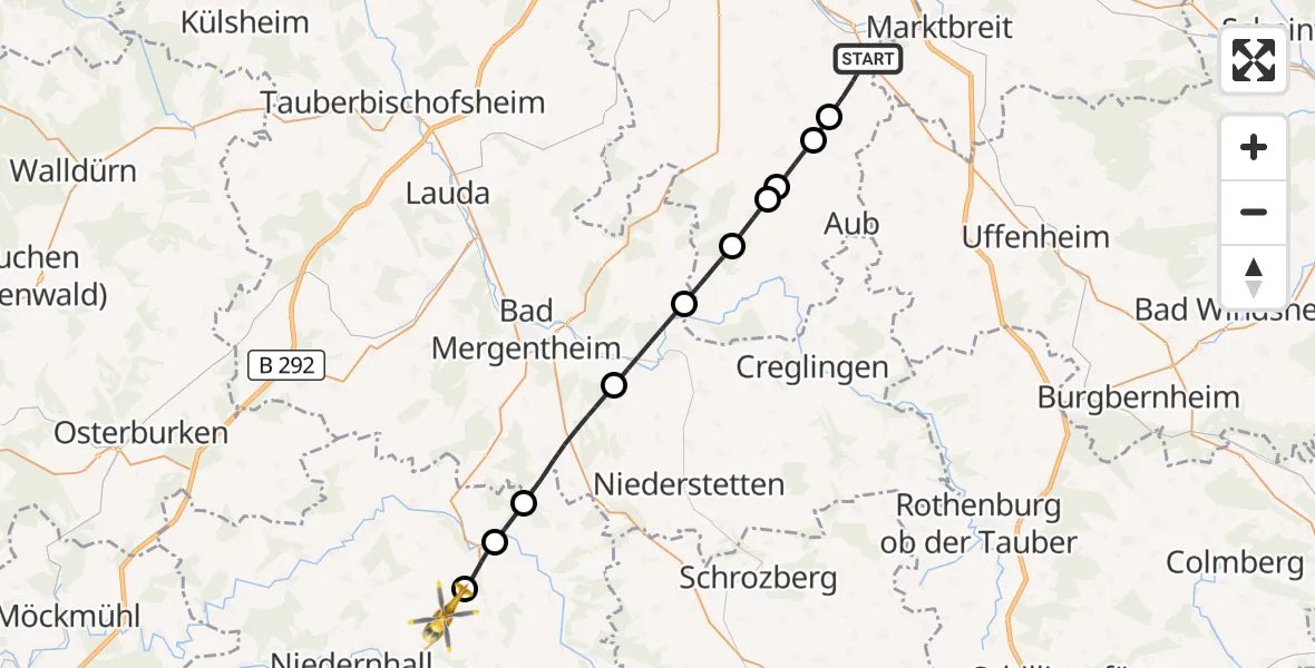 Flugroute Rettungshubschrauber Ochsenfurt - Ingelfingen, 29 September 2026, 12:33