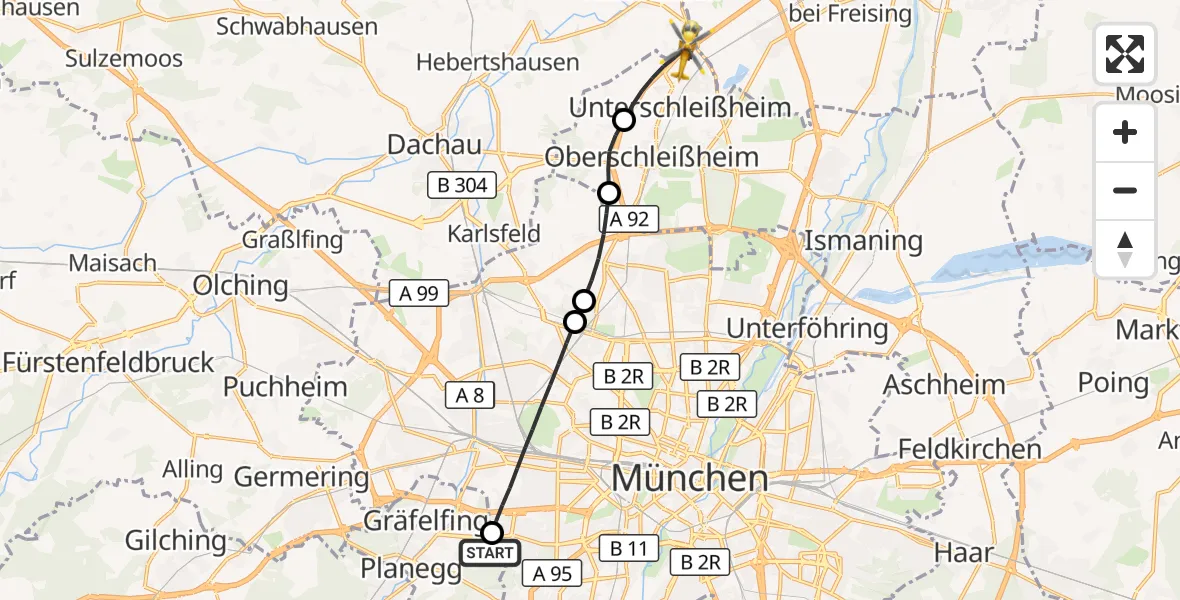 Flugroute Rettungshubschrauber DRF Air Rescue München Hubschrauberlandeplatz - Unterschleißheim, 29 September 2026, 12:37