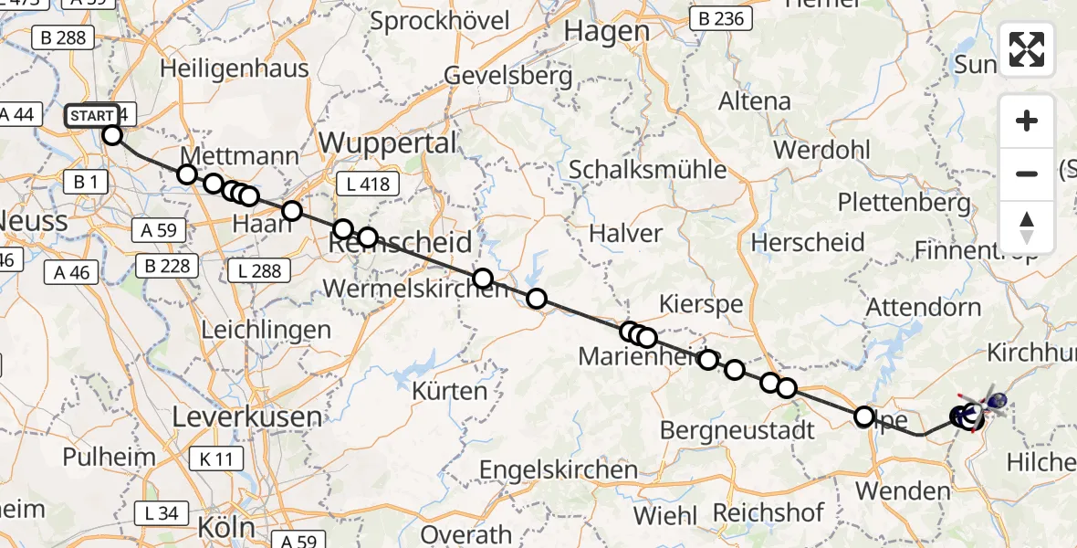 Flugroute Polizeihubschrauber Düsseldorf Flughafen - Kirchhundem, 29 September 2026, 12:50