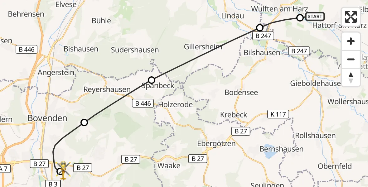Flugroute Rettungshubschrauber Hattorf am Harz - Göttingen University Clinic Hubschrauberlandeplatz, 29 September 2026, 13:02