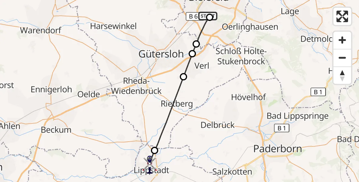 Flugroute Polizeihubschrauber Luftrettungszentrum Bielefeld - Lippstadt, 29 September 2026, 13:08