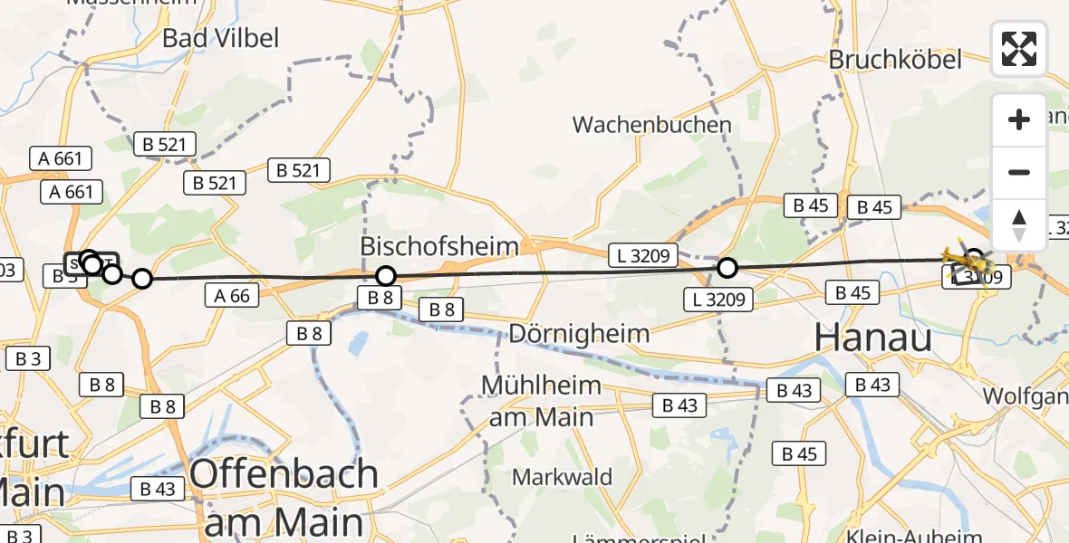 Flugroute Rettungshubschrauber Frankfurt am Main Accident Hospital Roof Helipad (CHX2) - Hanau Feuerwehr Notfall-Hubschrauberlandeplatz, 29 September 2026, 13:09