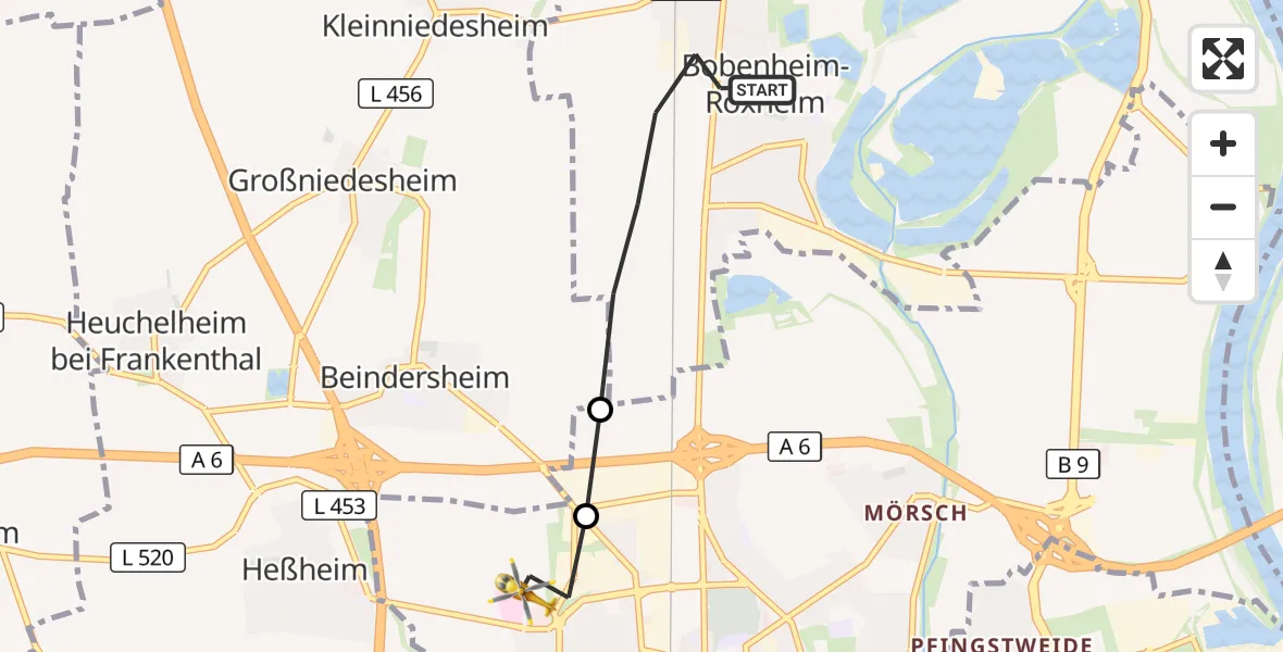 Flugroute Rettungshubschrauber Bobenheim-Roxheim - Frankenthal (Pfalz), 29 September 2026, 13:10