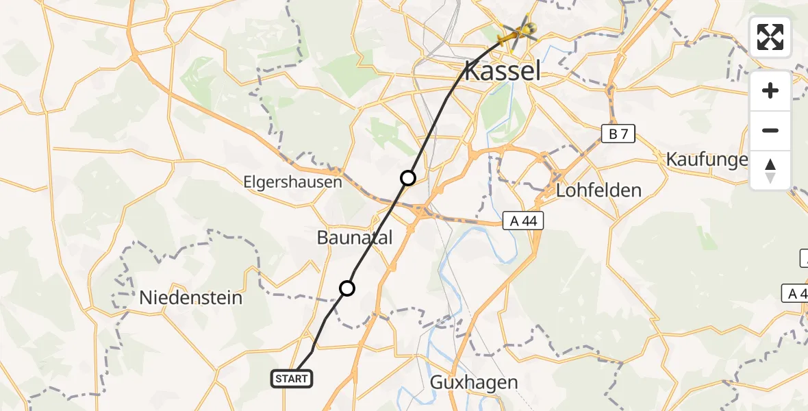 Flugroute Rettungshubschrauber Edermünde - Kassel, 29 September 2026, 13:19