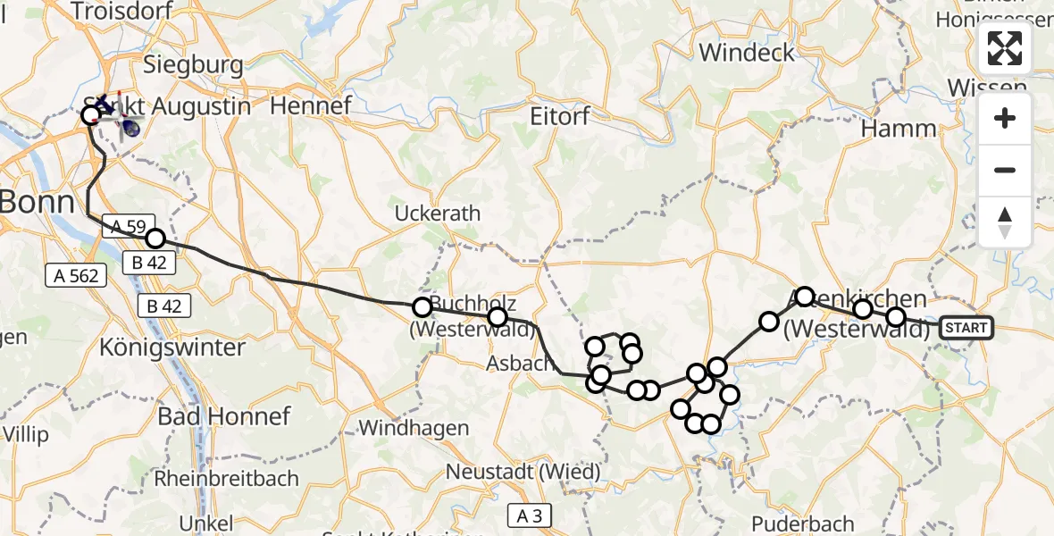 Flugroute Polizeihubschrauber Ingelbach - Sankt Augustin, 29 September 2026, 13:27