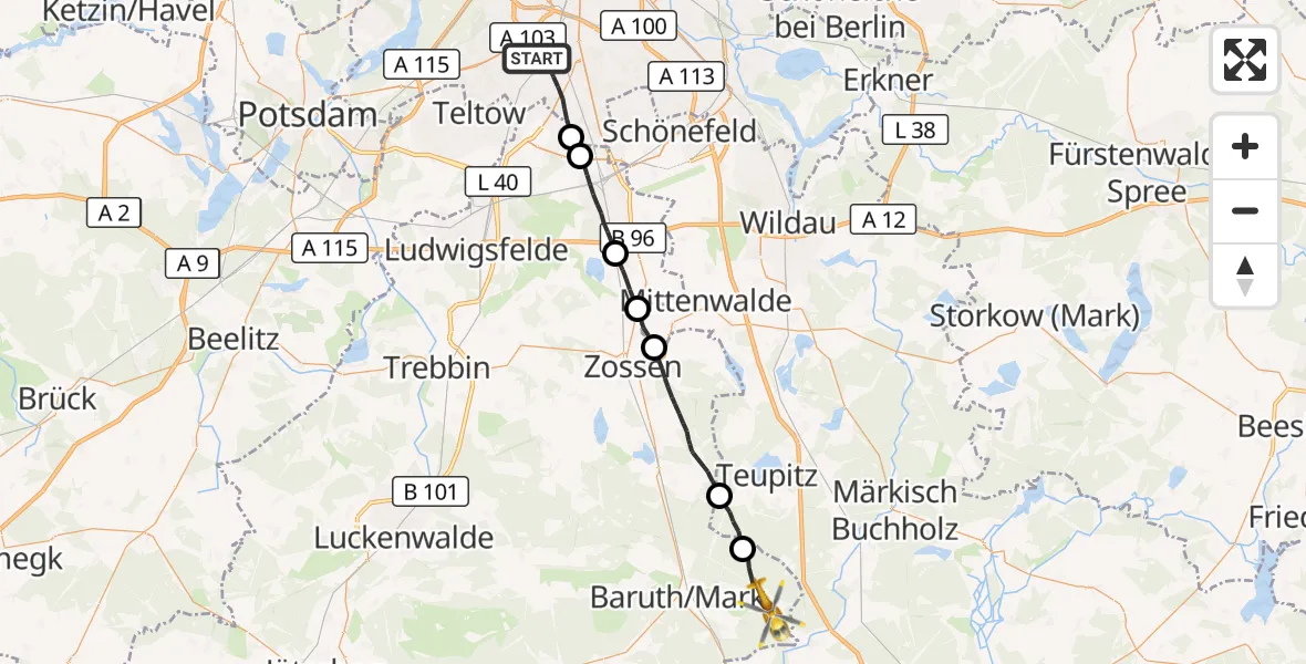 Flugroute Rettungshubschrauber Berlin - Baruth/Mark, 29 September 2026, 13:38