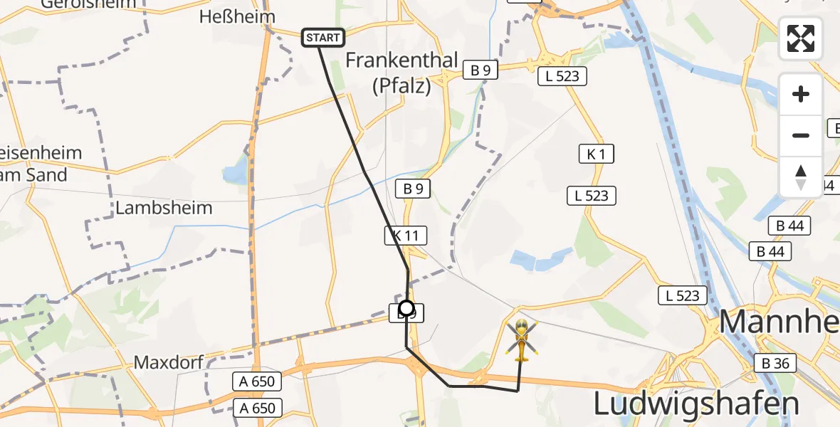 Flugroute Rettungshubschrauber Frankenthal (Pfalz) - Ludwigshafen Accident Hospital, 29 September 2026, 13:38