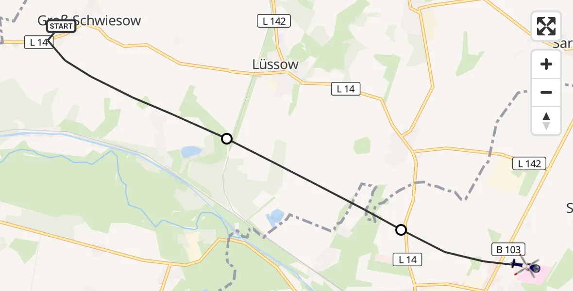 Flugroute Polizeihubschrauber Groß Schwiesow - Güstrow, 29 September 2026, 13:45