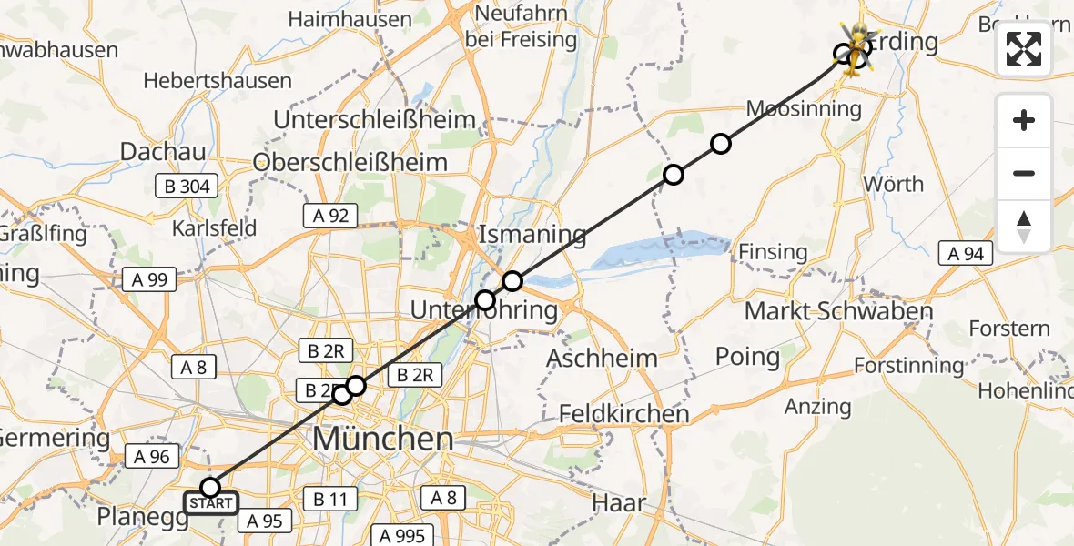 Flugroute Rettungshubschrauber DRF Air Rescue München Hubschrauberlandeplatz - Oberding, 29 September 2026, 13:47