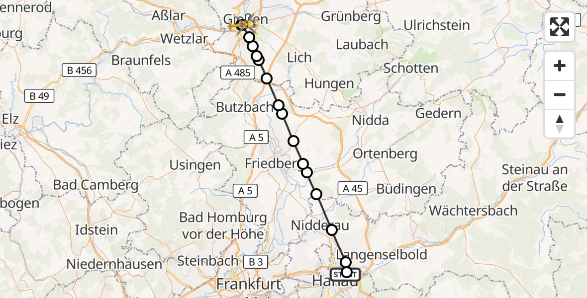 Flugroute Rettungshubschrauber Hanau Feuerwehr Notfall-Hubschrauberlandeplatz - Gießen University Hospital, 29 September 2026, 14:00