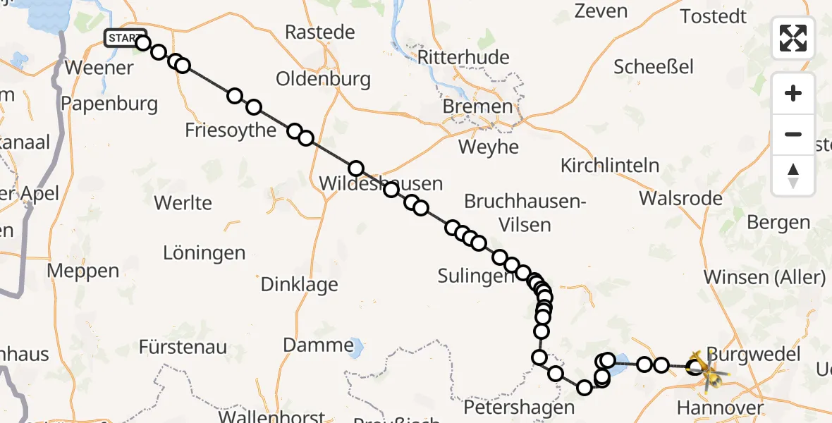 Flugroute Rettungshubschrauber Leer (Ostfriesland) - Flughafen Hannover, 29 September 2026, 14:05