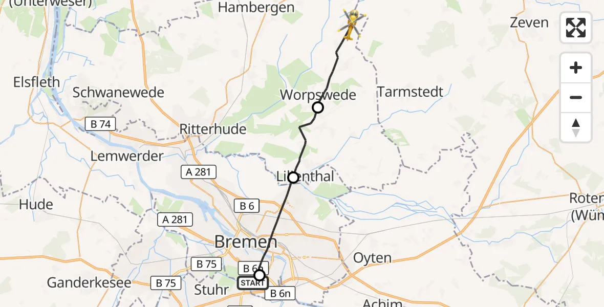 Flugroute Rettungshubschrauber ADAC Air Rescue Station Bremen Hubschrauberlandeplatz (Christoph 6) - Worpswede, 29 September 2026, 14:11