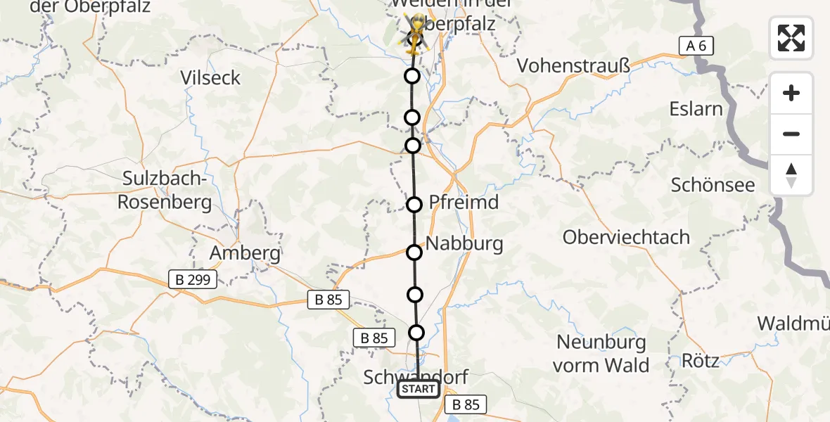 Flugroute Ambulanzhubschrauber Schwandorf - Weiden i.d.OPf., 29 September 2026, 14:33